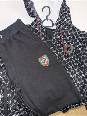 Gucci Black GG Monogram Hoodie & Joggers with Red-Green Shield Logos